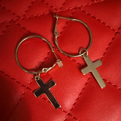 Silver Tone Metal Hoop Earrings Cross Dangle Charms Religious Latch Back