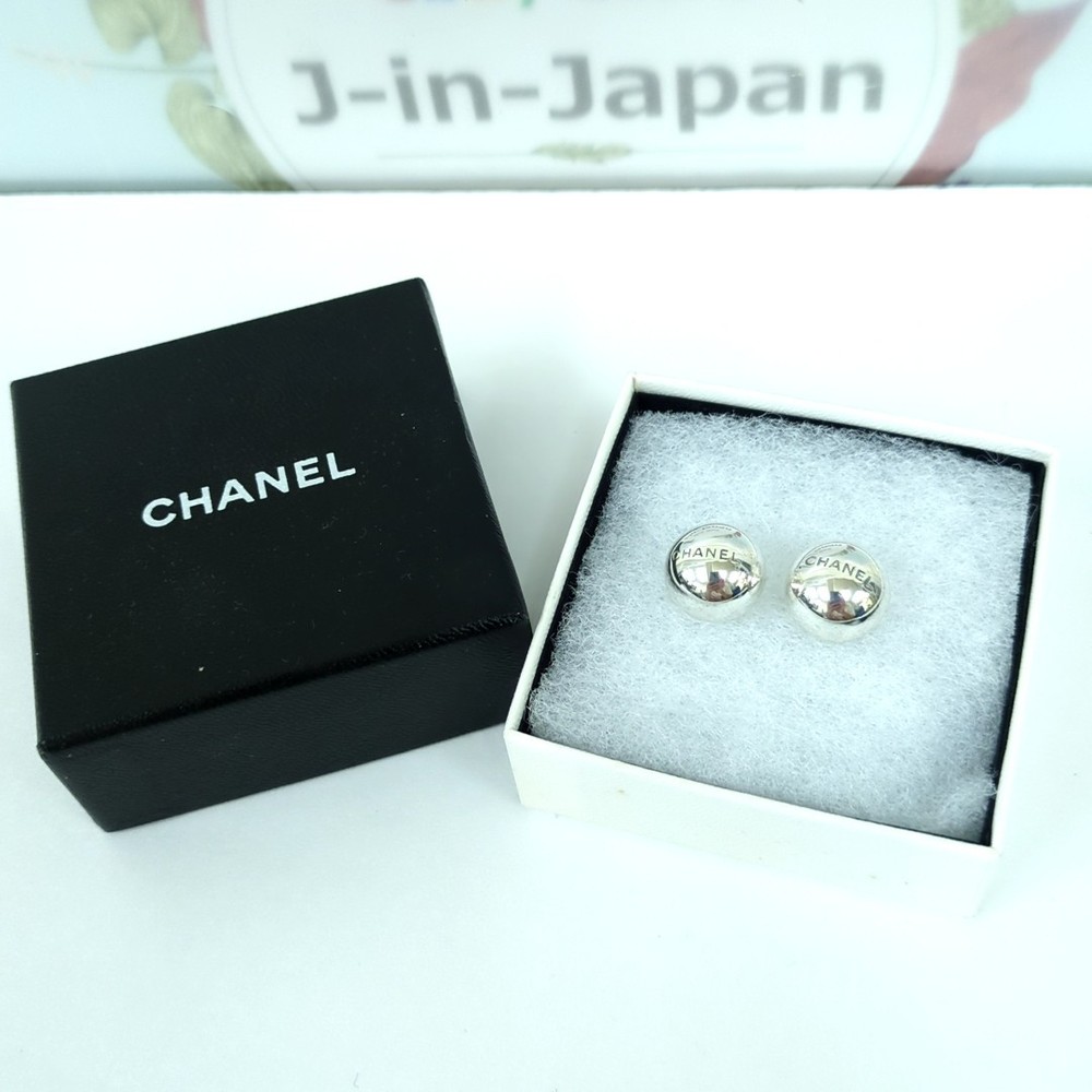CHANEL Vintage Silver Tone Logo Engraved Ball Dome Stud Earrings W/Box Genuine