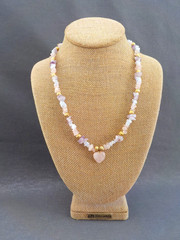 Pink He Purple Quartz Amethyst Chips Necklace Gold Tone Metal Bead 20.5″ Long