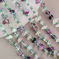 Fluorite Necklace Chip Beaded Green Purple Triple Layered Magnetic Clasp 20″