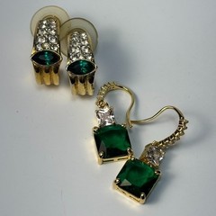 Earring Set Green Gold Tone Square Drop and Ribbed Rhinestone Hoop Earrings