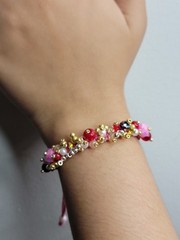 Adjustable Pink Bolo Cord Beaded Charm Bracelet w/ Multicolor Round Beads