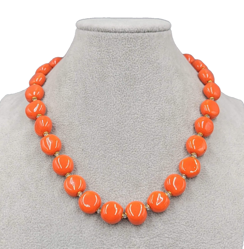 Orange Ceramic Flat Rounded Bead Necklace 18″