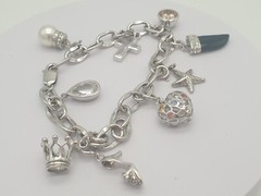 Silver Bracelet With 9 Charms / Onyx, Zirconia, Glass, Pearl / 19.5Cm / 31.5G