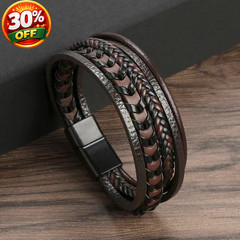 1pc Men’s Multilayer Leather Rope Bracelet Alloy Magnetic Buckle Bangle – NEW