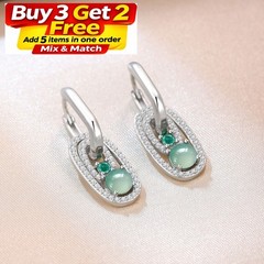 Natural Jadeite Jade Crystal Drop Dangle Earrings Gemstone 18K White Gold Plated