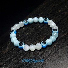 AAA Transparent Moonstone, Aquamarine Evil Eye Bracelet 8mm Unisex NATURAL Stone