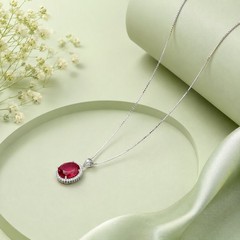 925 Sterling Silver Ruby Red Cubic Zirconia Halo Oval Pendant Necklace Charm