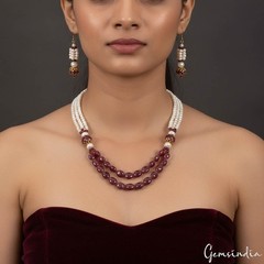 Handmade Natural Ruby Pearl Round Cabochon Gemstone Beaded Necklace Earrings~22″