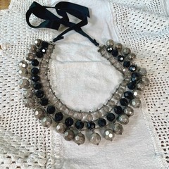 Statement Multi Strand Beaded Bib Necklace Silver Black Grey Ribbon Tie Boho