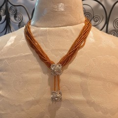 Orange Multi-Strand Beaded Necklace With Clear Crystal Drop, Barrel Clasp