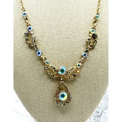 Gold AB Rhinestone Bib Necklace Vintage Style Statement Drop 16-19″ Prom