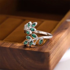 Green Crystal Leaf Ring 925 Sterling Silver Adjustable Elegant Fashion Jewelry