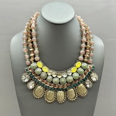 Chico’s Necklace Multi Strand Beaded Bib Statement Crystal Gem Pink Green 20″