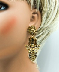 Elegant Gold Tone Dangle Earrings with Clear and Amber Crystals