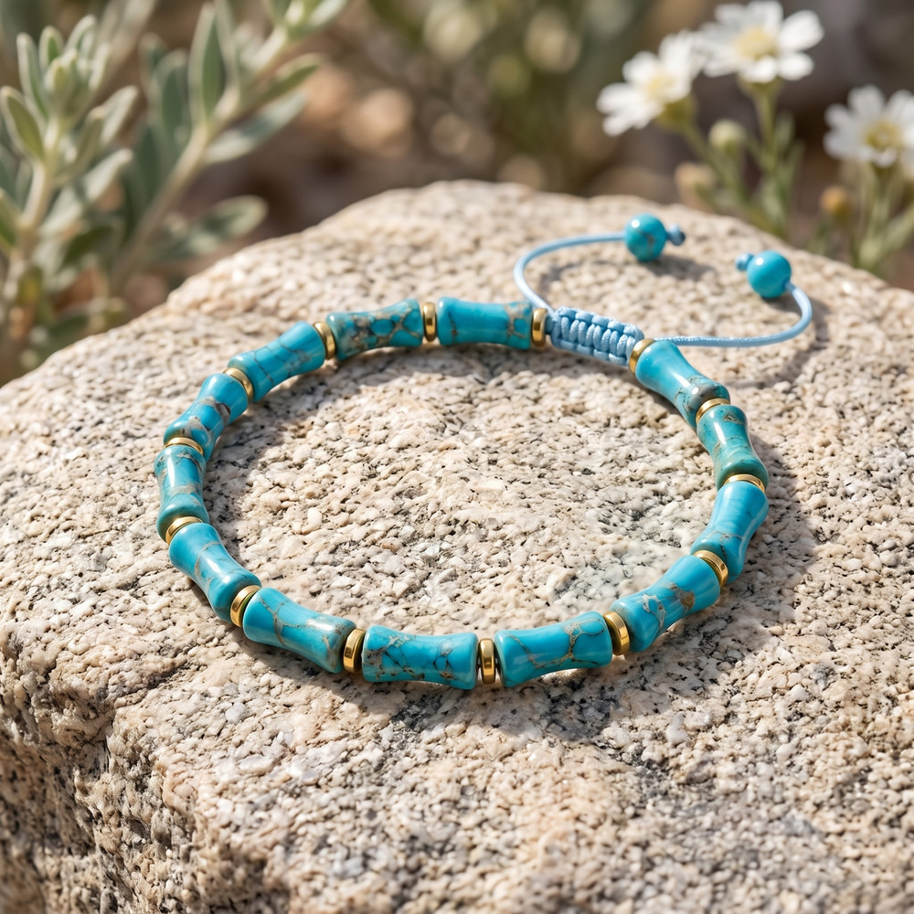 Natural Turquoise Bracelet Bamboo Bead Blue Gemstone Boho Jewelry Gift for Her