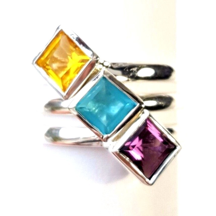 (SIZE 5,6,7,8,9) 3 STACK RINGS Cubes Amethyst Aquamarine .925 STERLING SILVER