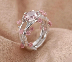 Silver Cherry Blossom Ring Stainless Steel Pink Zirconia Flower Statement Band