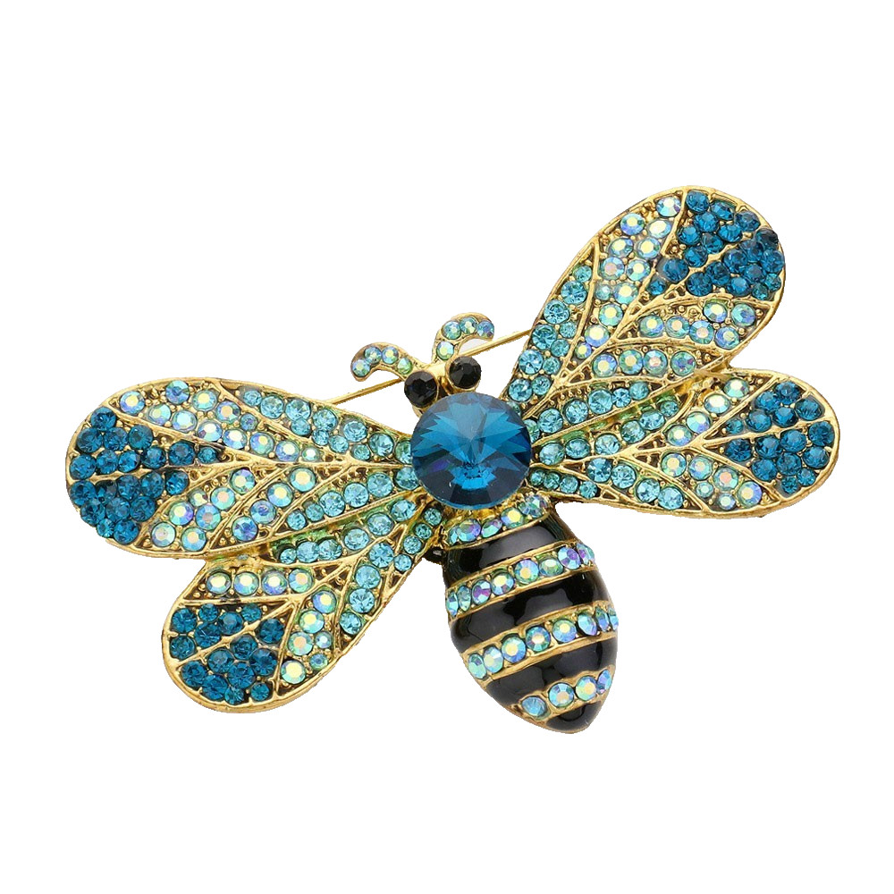2pcs Rhinestone Bumble Bee Brooch Pin Crystal Honey Bee Insect Gold Tone Blue Mu