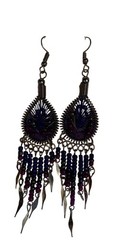 Boho Dangle Earrings Beads Silver Metal Peru Purple Black Silver String Teardrop