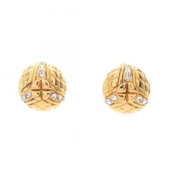 CHANEL Matelasse Circle round Earrings Gold Plated Rhinestone Used