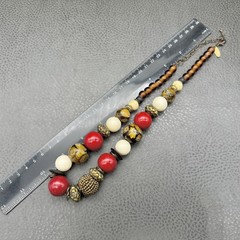NY Necklace Beaded Statement Chunky Red Gold Cream Brown Floral Beads 16 Inch