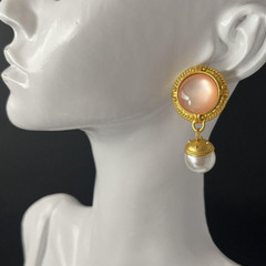Earrings Matte Gold Tone Pierced Dangle Faux Pearl Pink Moonglow Lucite