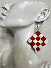 Red & White Checkerboard Square Plastic LEGO Dangle Drop Earrings Hook Closure