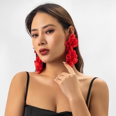 Red Flower Fabric Bold Dangling Earrings for Women – Elegant Statement Jewelry