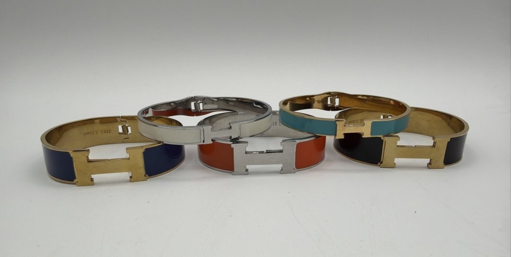 H Style Enamel Bangle Bracelets Lot 5 Gold Tone Stainless Steel Cuff