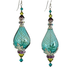 *IAJ* Sterling Silver Earrings Teal Striped Blown Glass w/ Swarovski Crystals