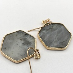 Gray Quartz Earrings Natural Hexagon Gemstone Gold Tone Bezel Drop Dangles
