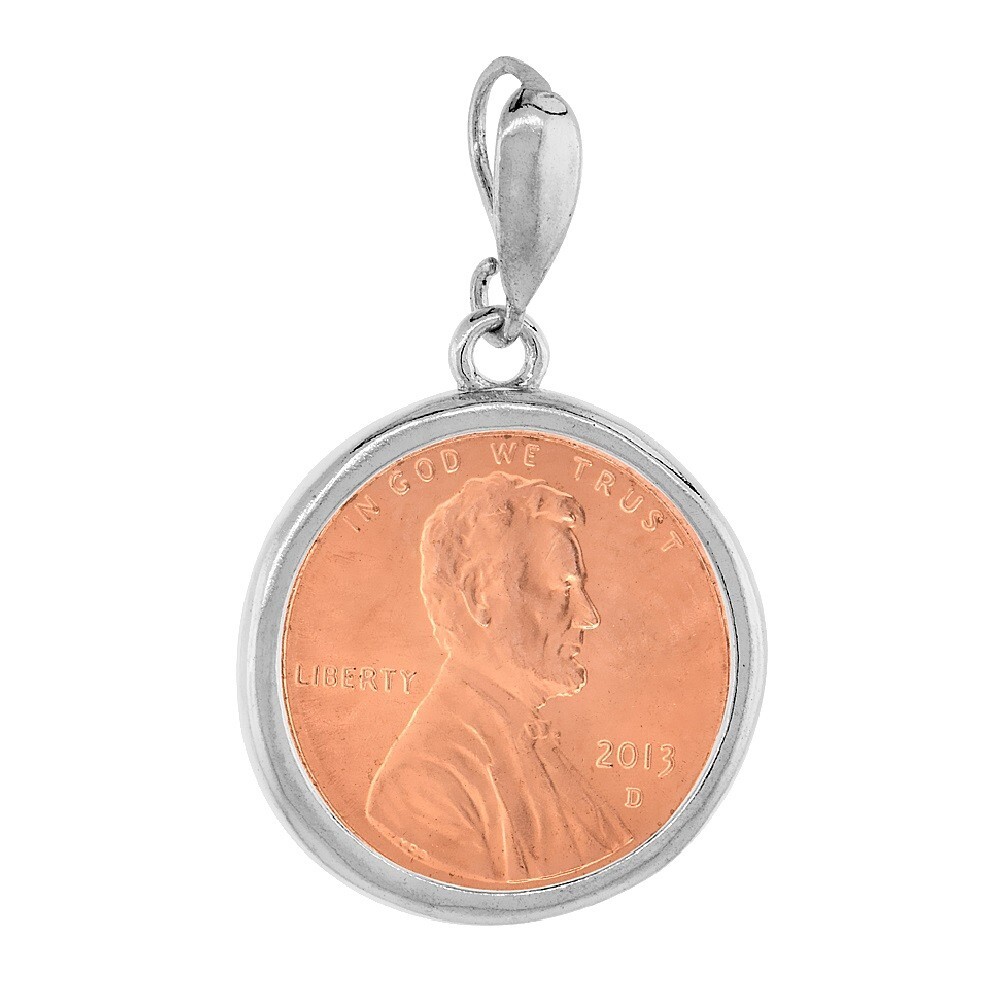 19 mm Sterling Silver Round Edge 1 Cent Coin Prong Back Bezel Pendant, Box Chain
