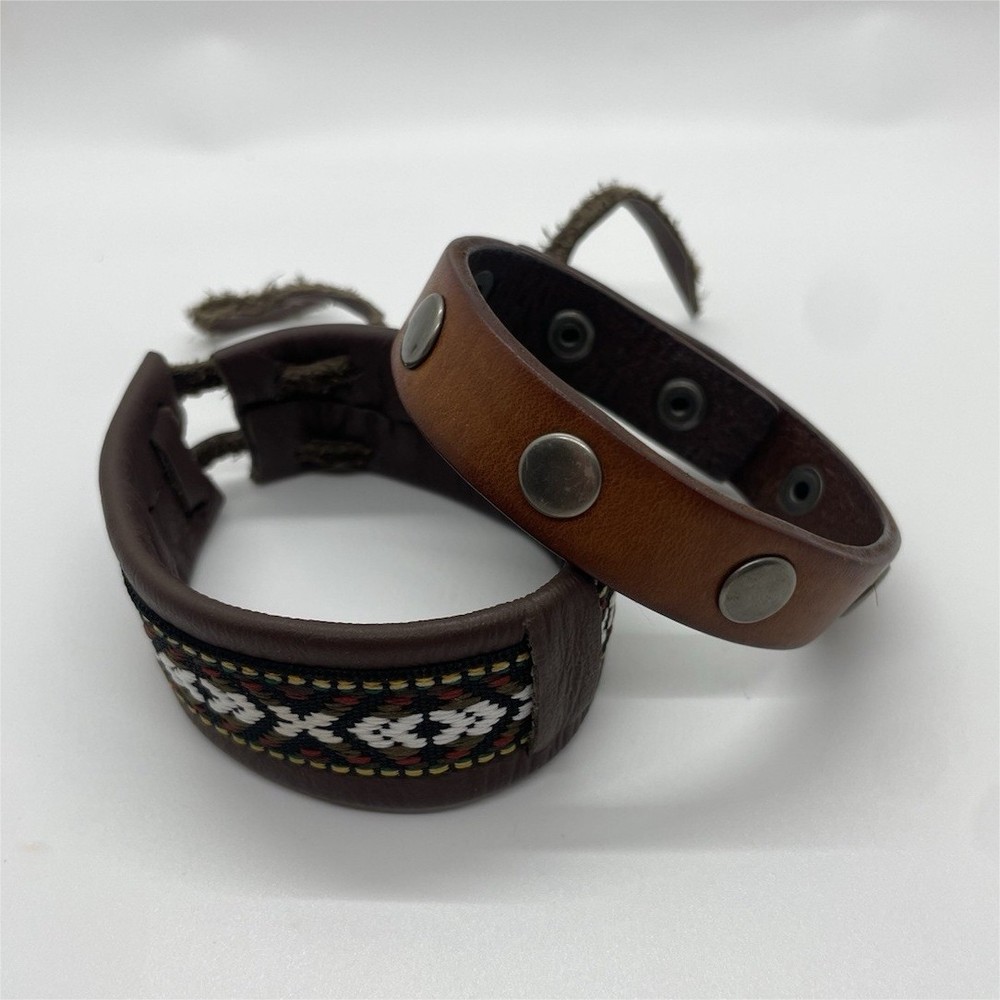 Lot of 2 Brown Leather Adjustable Cuff Bracelets Lace-Up Closure Made in Mexico