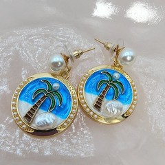 Gold Tone Palm Tree Beach Dangle Drop Earrings Faux Pearl Beach Coastal Summer