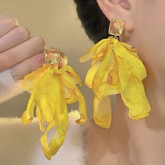 Fabric Metal Yellow Flower Dangle Drop Earrings Simulated Crystal Push Back
