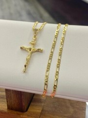 Rustic Cross Necklace 14K Yellow GF Figaro Chain 24″ Gifts Jewelry Religious