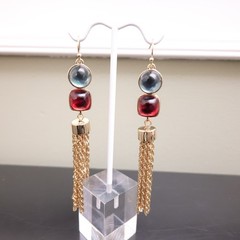 Kenneth Cole earrings dangle tassel chains red & blue glass stones goldtone