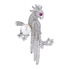 Luxury Silver Bird Brooch – Crystal Detailing, Pearl Accent & Ruby Eye