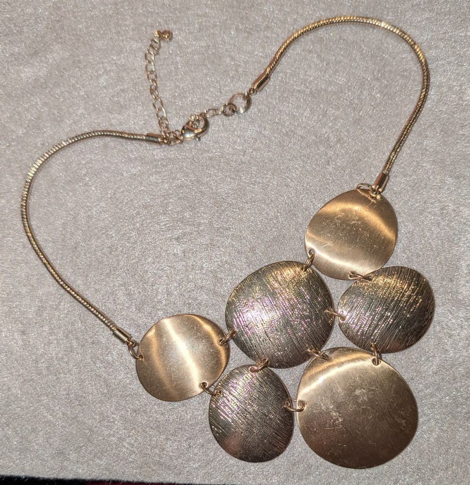 Gold Tone Snake Chain Statement Necklace Round Disc Pendant Adjustable Lobster