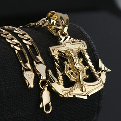 Jesus Anchor 14k Gold Plated Brass Pendant 5mm 24″ Figaro Necklace Choker Chain