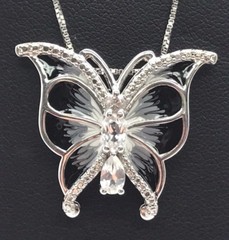 Sterling Silver 925 Black Gray White Enamel – CZ Butterfly Elegant Necklace 18”