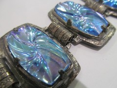 MCM in Art Decostyle Silver Tone Book Chain Link Blue Pressed Glass Bracelet