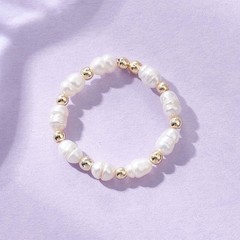 Beaded Ring Pearl Gold Adjustable Stretch Rice Round Crystal 3.5mm Wide R198