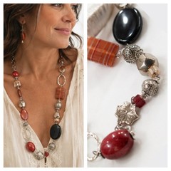 Boho Mixed Media Statement Necklace Orange Black Silver Beaded Chunky Long Line