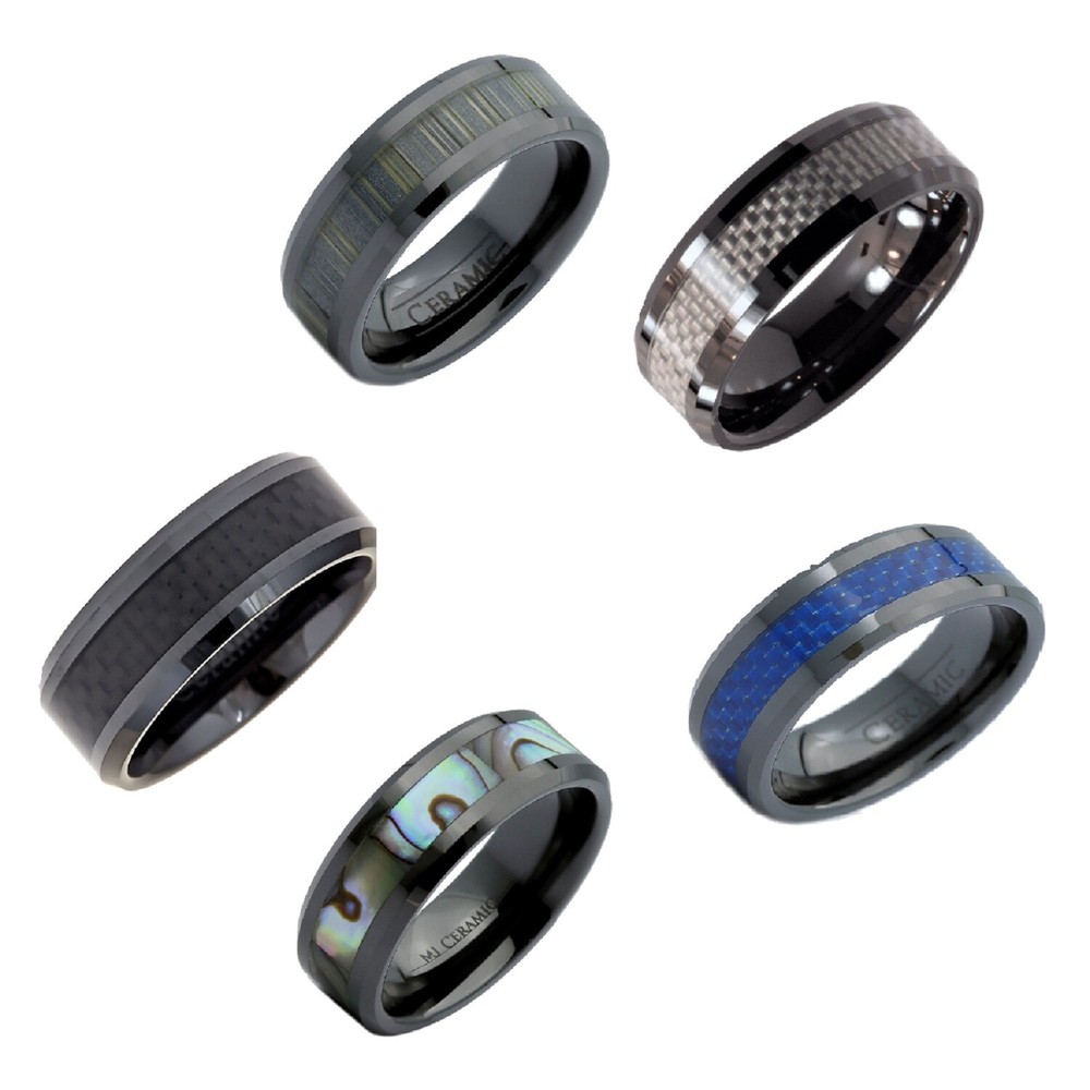 8mm Black Ceramic Wedding Band Multi Style Carbon Fiber Inlay Comfort Fit