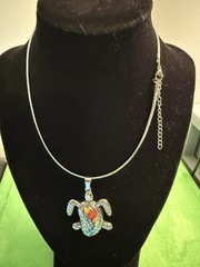 Multi Color Murano Style Turtle Pend. Necklace 16-18 Inches In. Blk Oxid. St. St