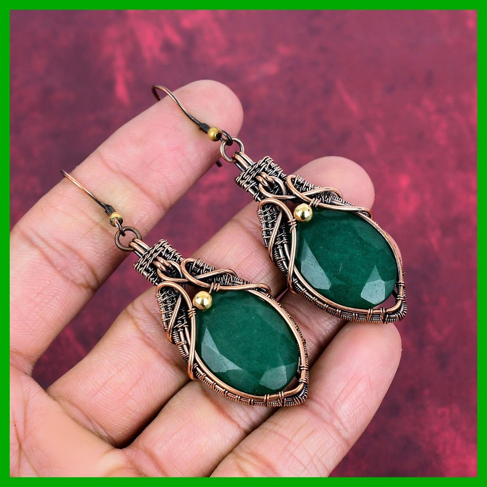 Copper Zambian Emrald Gemstone Wire Wrapped Dangle Drop Wedding Earrings Jewelry
