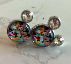 Silver Tone Multicolor Cartoon Stud Earrings Clear Crystal Bezel Butterfly Back