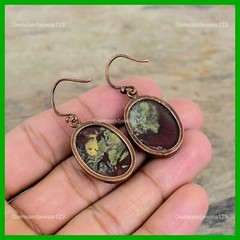 Oval Dragon Bloodstone Gemstone Dangling Electroformed Earrings Jewelry Copper